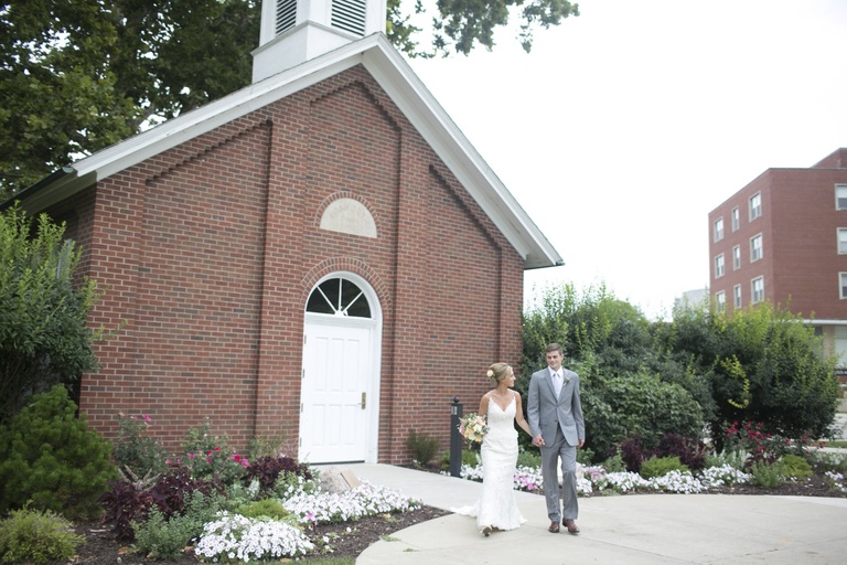 bride and groom outside danforth chapel