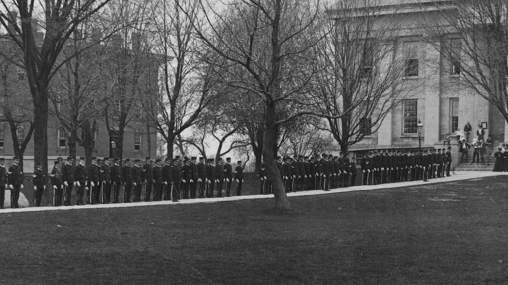 Historical photo of soldiers in front of the Old Capitol