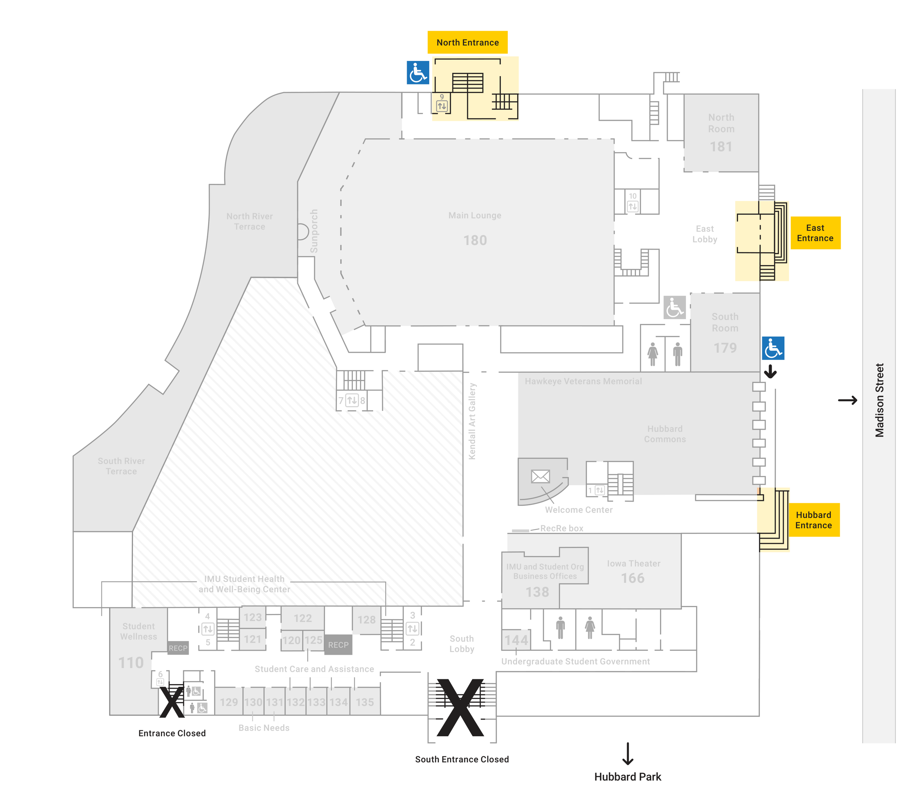 Entrance map of the first floor of the Iowa Memorial Union. Every entrance is listed in the accompanying text.