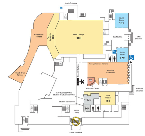 IMU first floor with tabling noted to the left of the Welcome Center in the Hubbard Commons space.