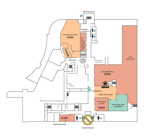 Map of Ground Floor IMU with tabling locations noted between Chalk Talk Lounge and the Iowa Hawk Shop.