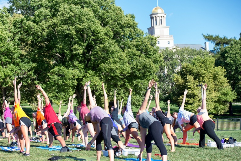 students doing yoga in park at the IMU
