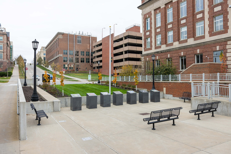 The exterior of the IMU Veterans Plaza