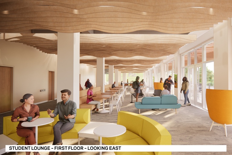 First Floor Lounge rendering with students sitting in open, well-lit space.
