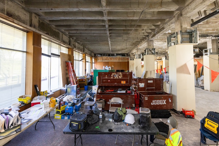 River Room space under construction with tools and construction equipment.