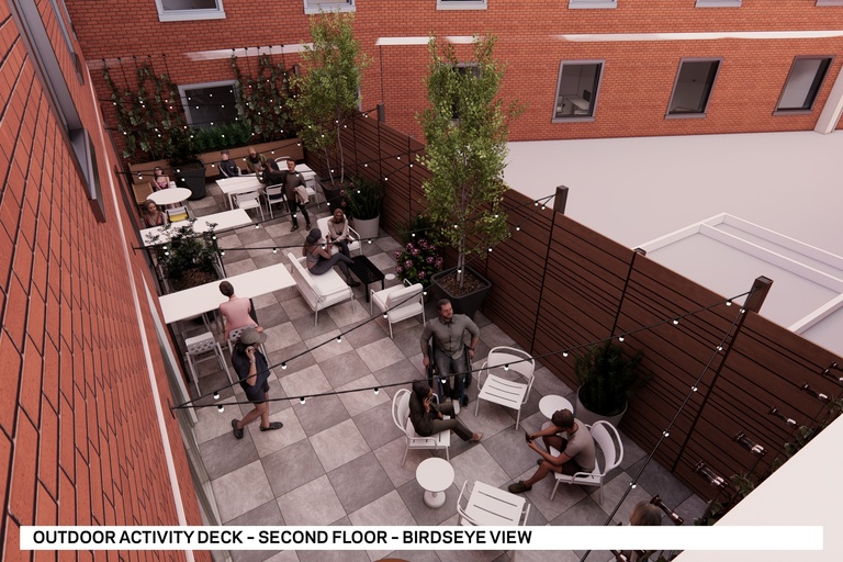 Activity Deck Rendering with students eating, relaxing on a patio.