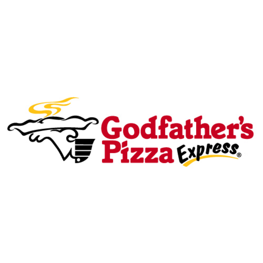 Godfather's Pizza logo with the image of a pizza being delivered on a server's hand