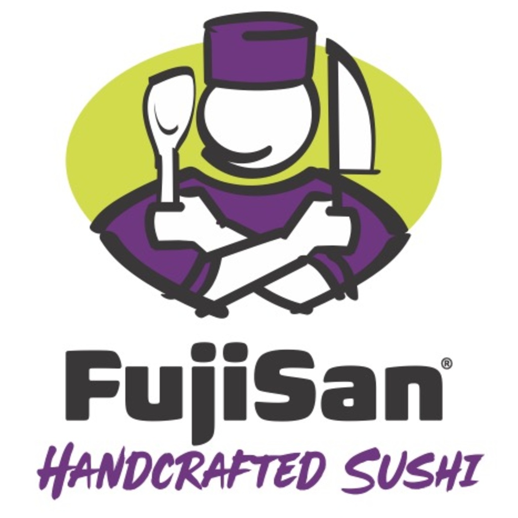 FujiSan logo with a chef wearing a purple attire and holding a knife and spoon.