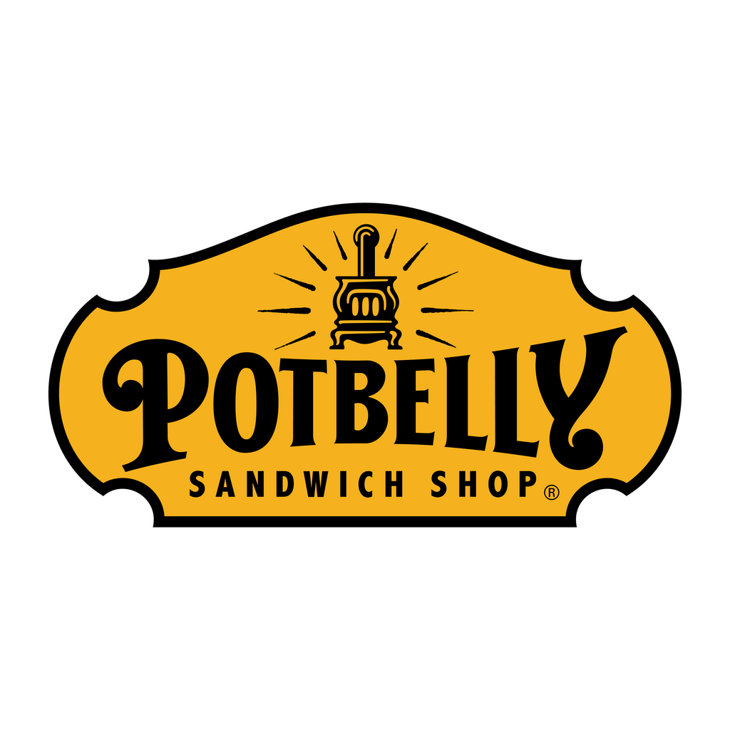Potbelly letter logo on gold backdrop with white text.