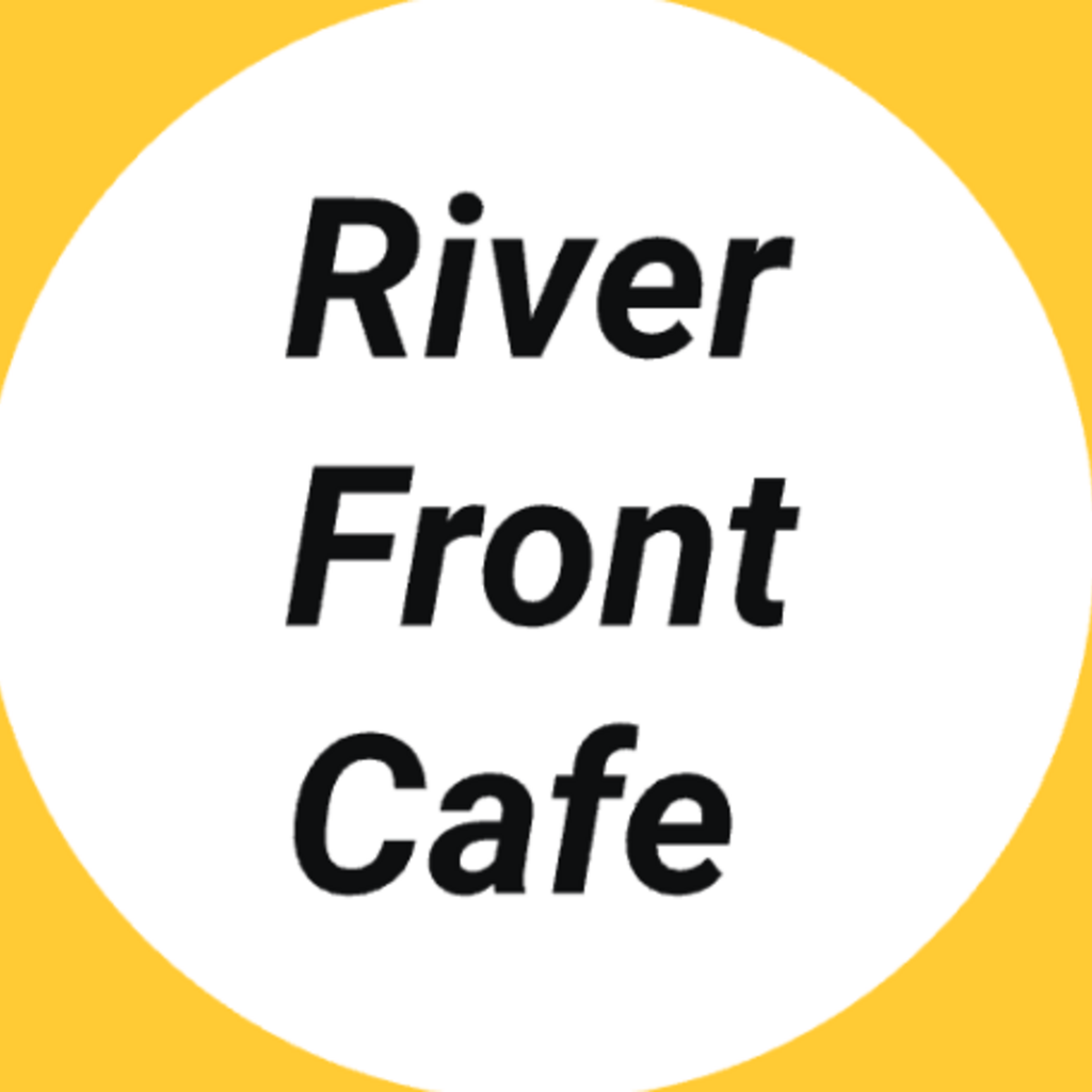 River Front Cafe text in a white circle on gold background