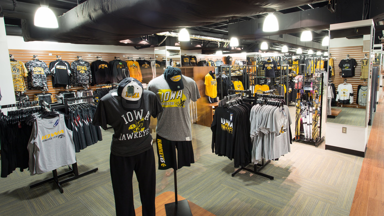 Clothing racks at the Iowa Hawk Shop